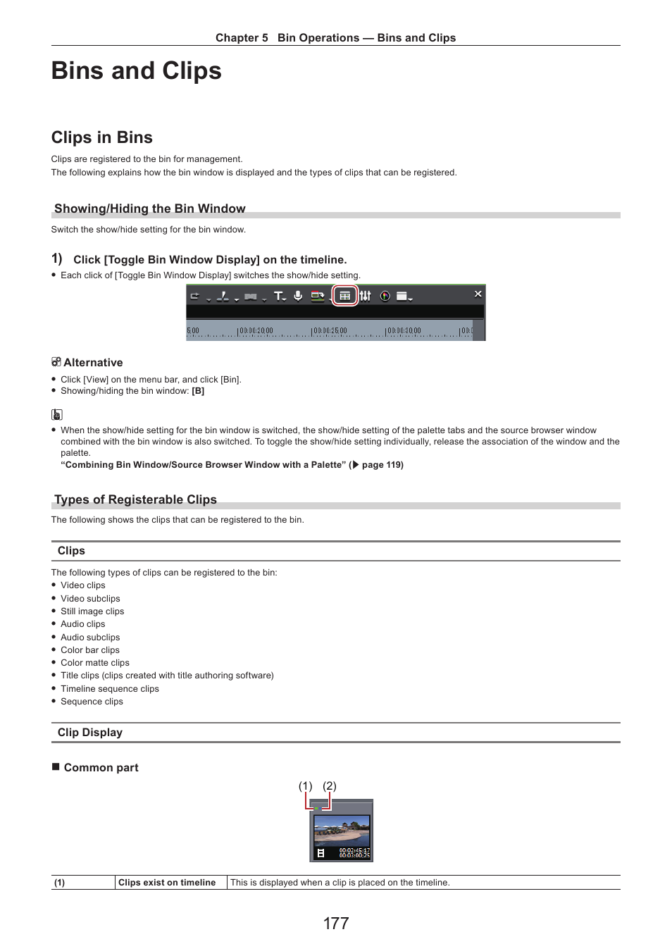 Bins and clips, Clips in bins, Showing/hiding the bin window | Types of registerable clips | Grass Valley EDIUS Pro v.7.4 Reference Manual User Manual | Page 177 / 471