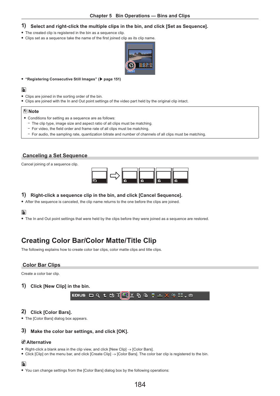 Canceling a set sequence, Creating color bar/color matte/title clip, Color bar clips | Grass Valley EDIUS Pro v.7.4 Reference Manual User Manual | Page 184 / 471