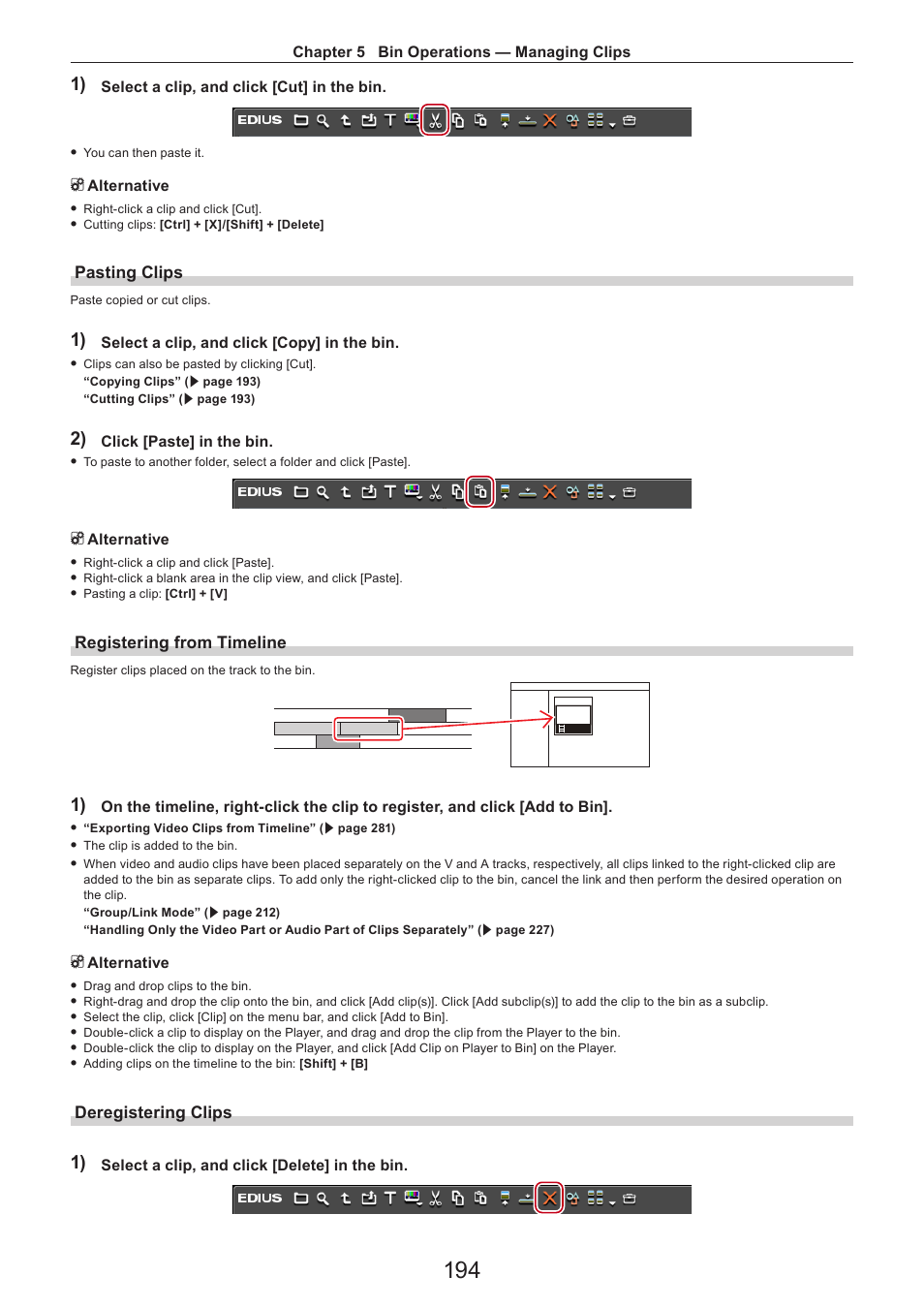 Pasting clips, Registering from timeline, Deregistering clips | Grass Valley EDIUS Pro v.7.4 Reference Manual User Manual | Page 194 / 471