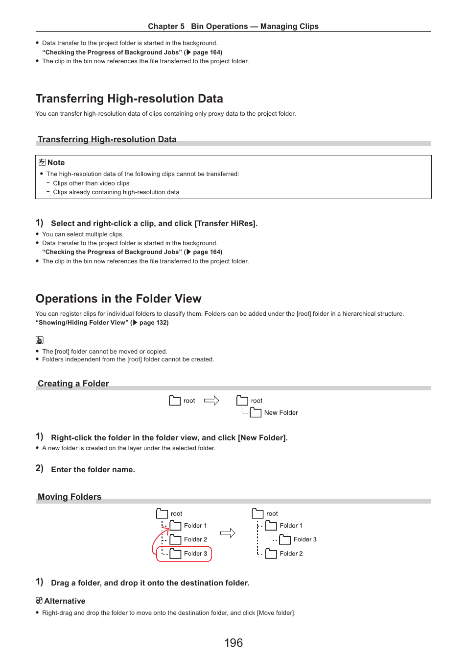 Transferring high-resolution data, Operations in the folder view, Creating a folder | Moving folders | Grass Valley EDIUS Pro v.7.4 Reference Manual User Manual | Page 196 / 471