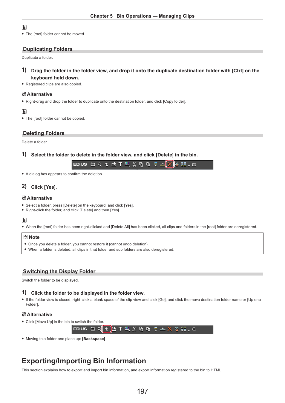 Duplicating folders, Deleting folders, Switching the display folder | Exporting/importing bin information | Grass Valley EDIUS Pro v.7.4 Reference Manual User Manual | Page 197 / 471