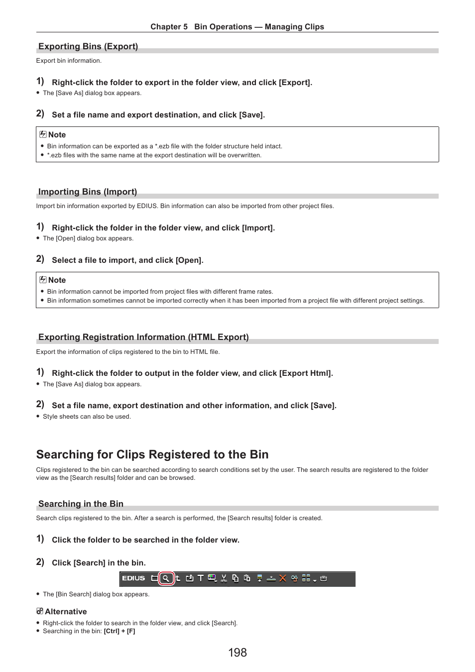 Exporting bins (export), Importing bins (import), Exporting registration information (html export) | Searching for clips registered to the bin, Searching in the bin | Grass Valley EDIUS Pro v.7.4 Reference Manual User Manual | Page 198 / 471