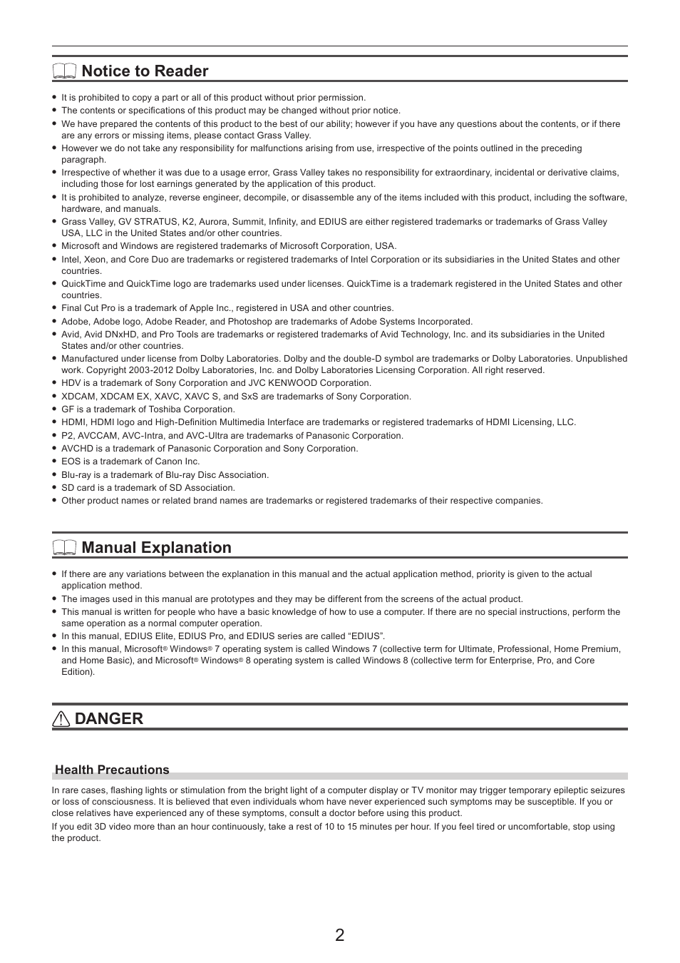 Notice to reader, Manual explanation, Danger | Health precautions | Grass Valley EDIUS Pro v.7.4 Reference Manual User Manual | Page 2 / 471
