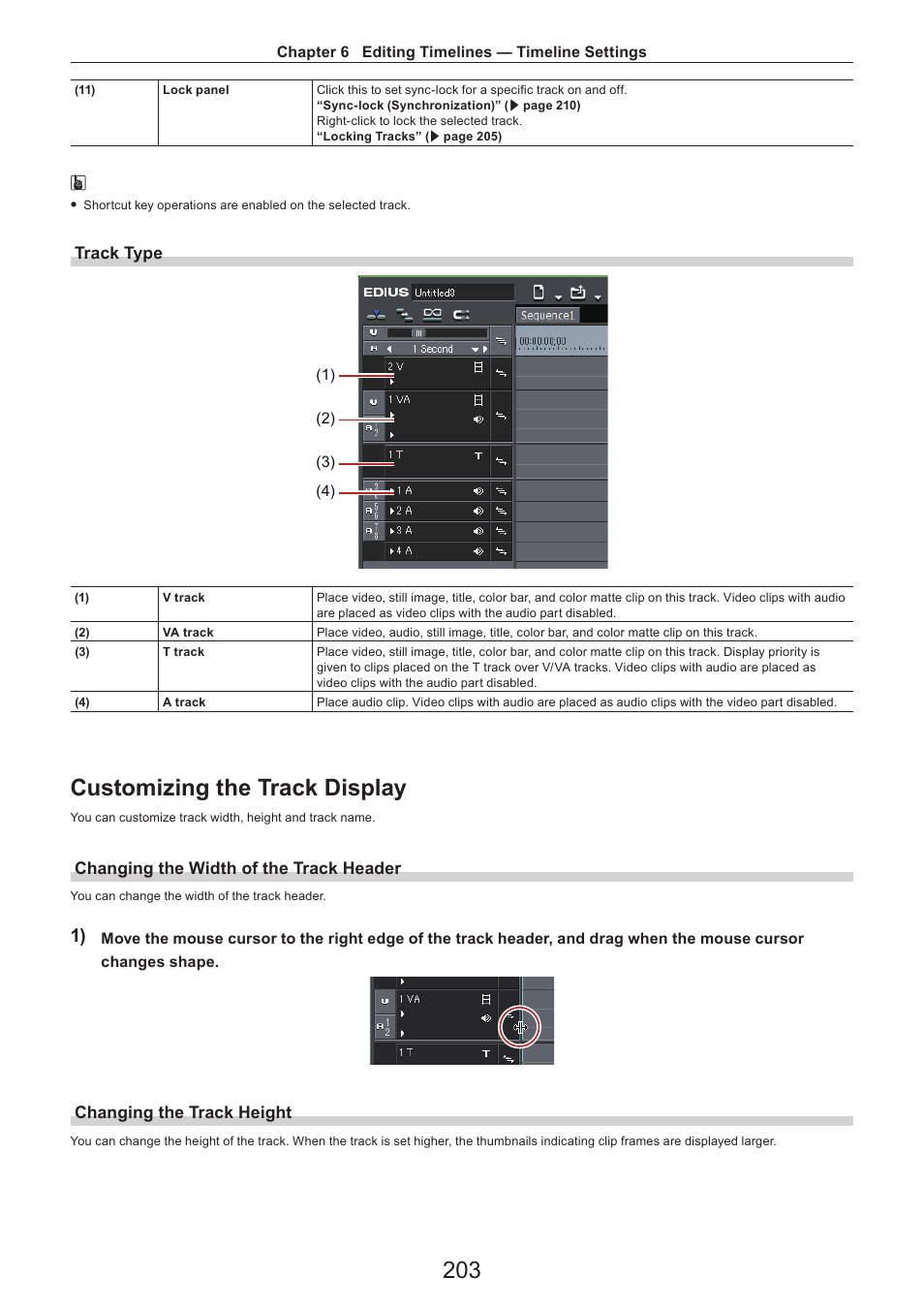 Track type, Customizing the track display, Changing the width of the track header | Changing the track height | Grass Valley EDIUS Pro v.7.4 Reference Manual User Manual | Page 203 / 471
