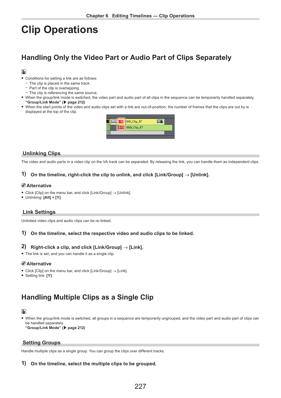Clip operations, Unlinking clips, Link settings | Handling multiple clips as a single clip, Setting groups | Grass Valley EDIUS Pro v.7.4 Reference Manual User Manual | Page 227 / 471