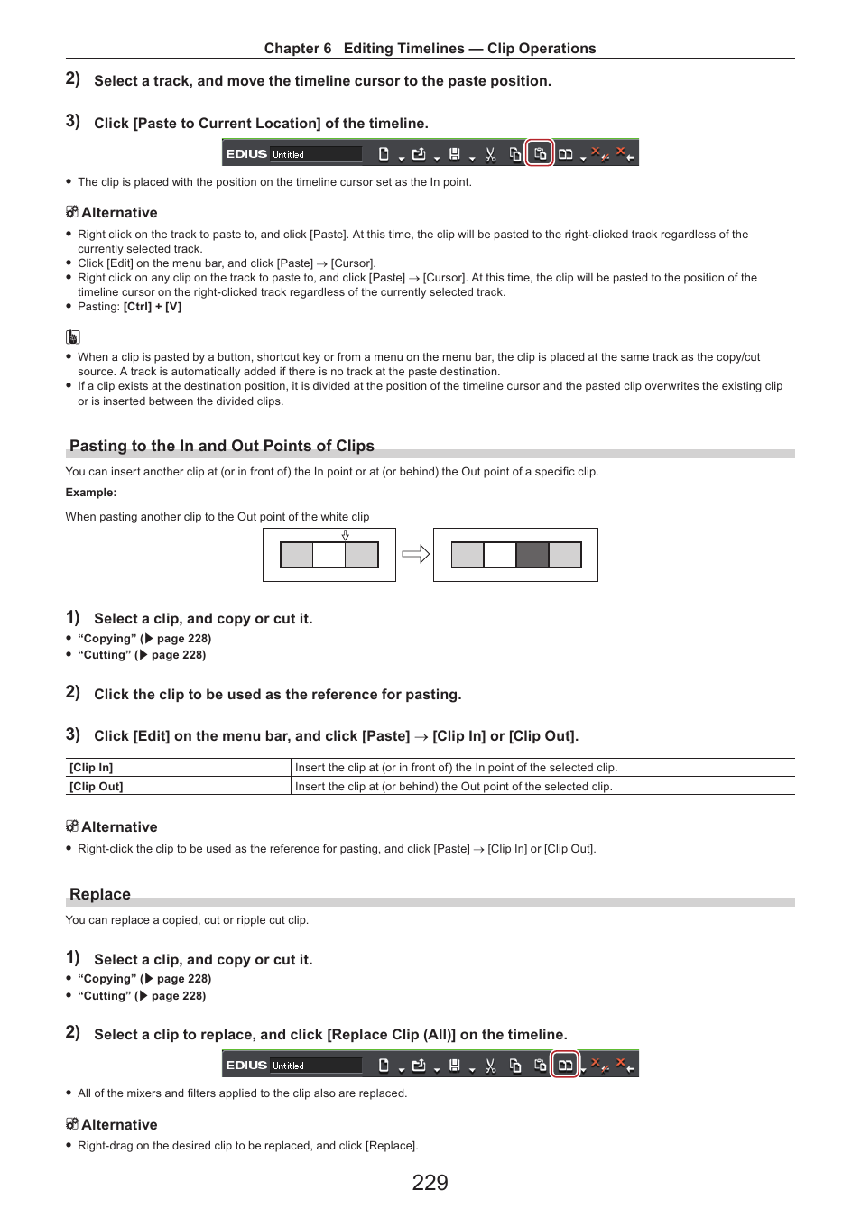 Pasting to the in and out points of clips, Replace | Grass Valley EDIUS Pro v.7.4 Reference Manual User Manual | Page 229 / 471