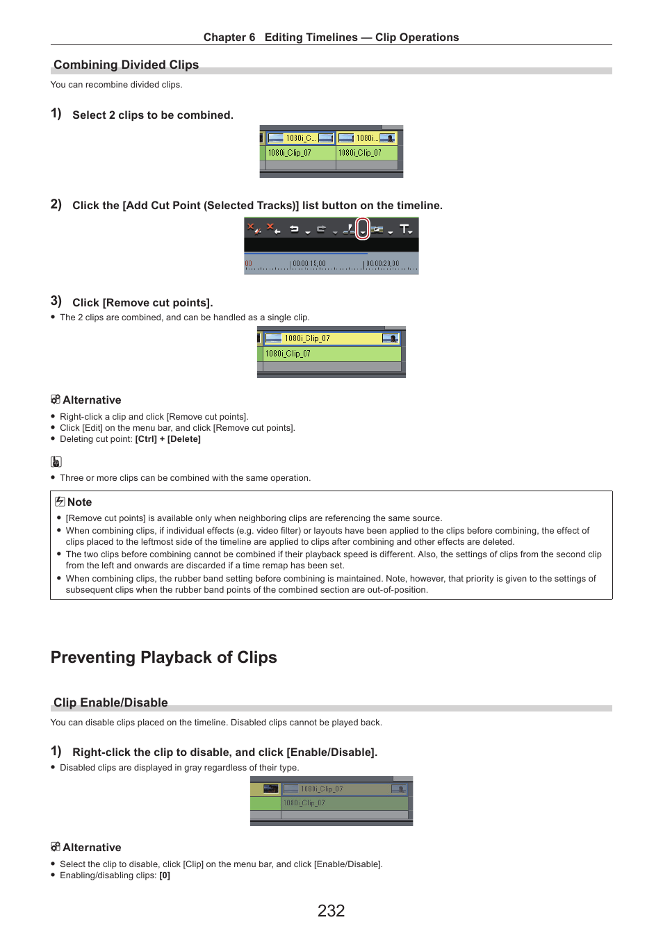 Combining divided clips, Preventing playback of clips, Clip enable/disable | Grass Valley EDIUS Pro v.7.4 Reference Manual User Manual | Page 232 / 471