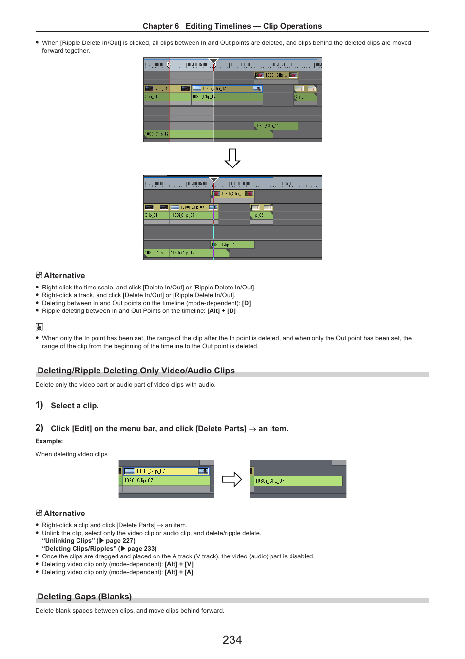 Deleting/ripple deleting only video/audio clips, Deleting gaps (blanks) | Grass Valley EDIUS Pro v.7.4 Reference Manual User Manual | Page 234 / 471