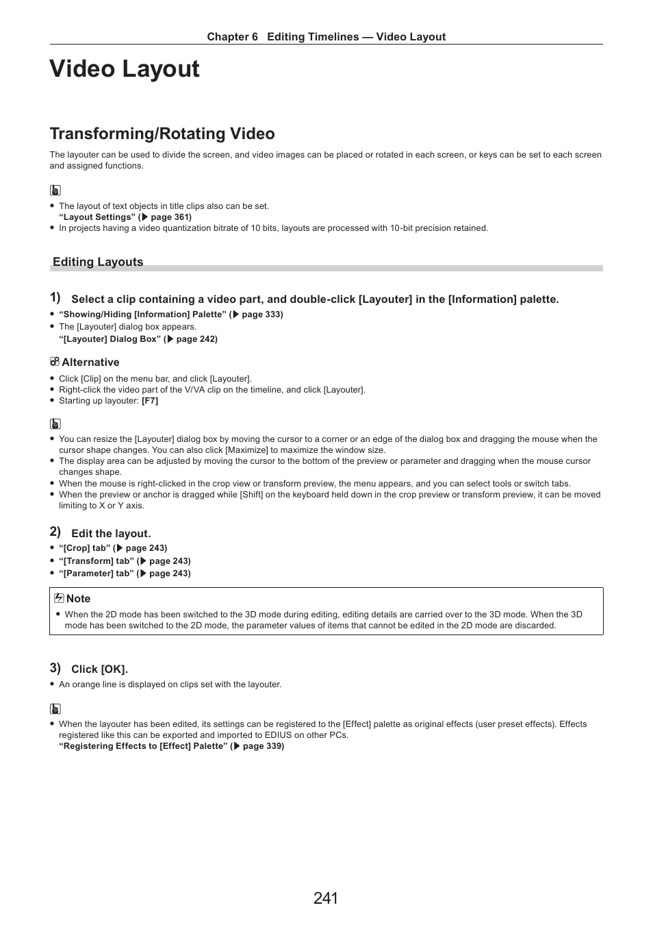 Video layout, Transforming/rotating video, Editing layouts | Grass Valley EDIUS Pro v.7.4 Reference Manual User Manual | Page 241 / 471