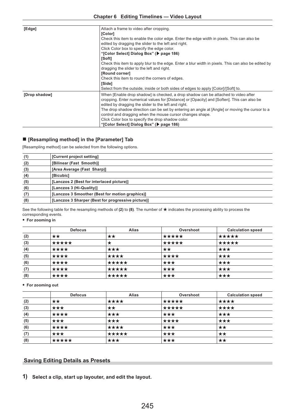 Saving editing details as presets, Chapter 6 editing timelines — video layout, R [resampling method] in the [parameter] tab | Grass Valley EDIUS Pro v.7.4 Reference Manual User Manual | Page 245 / 471