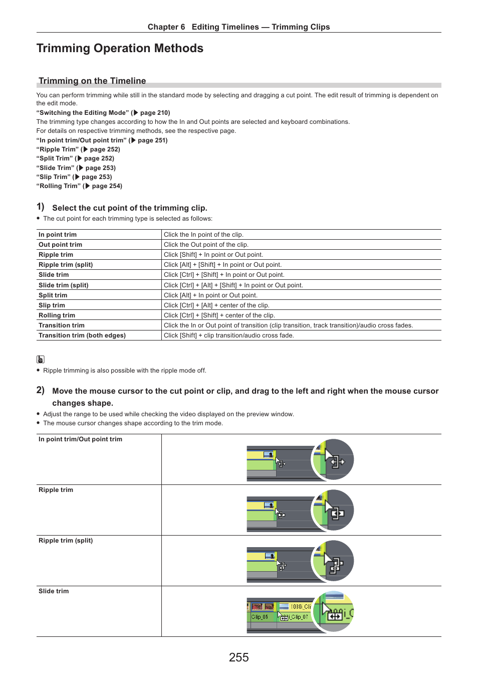 Trimming operation methods, Trimming on the timeline, 255 trimming operation methods | Grass Valley EDIUS Pro v.7.4 Reference Manual User Manual | Page 255 / 471