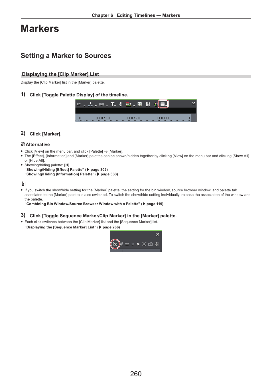 Markers, Setting a marker to sources, Displaying the [clip marker] list | Grass Valley EDIUS Pro v.7.4 Reference Manual User Manual | Page 260 / 471