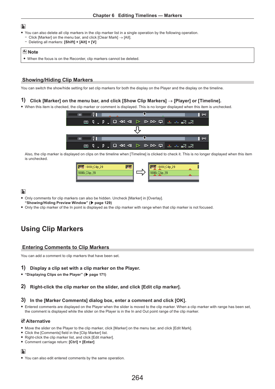 Showing/hiding clip markers, Using clip markers, Entering comments to clip markers | Grass Valley EDIUS Pro v.7.4 Reference Manual User Manual | Page 264 / 471