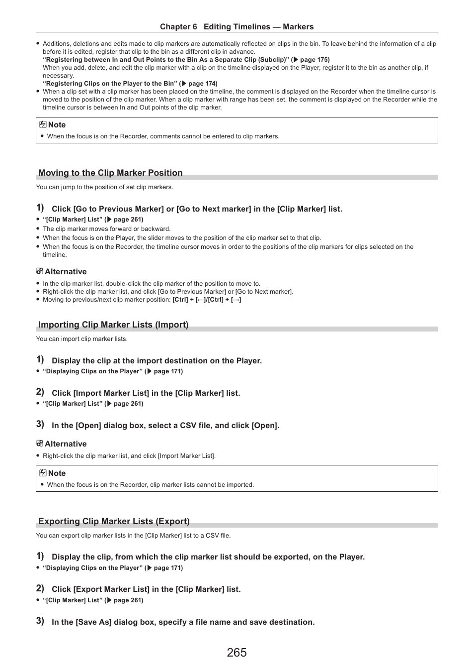 Moving to the clip marker position, Importing clip marker lists (import), Exporting clip marker lists (export) | Grass Valley EDIUS Pro v.7.4 Reference Manual User Manual | Page 265 / 471