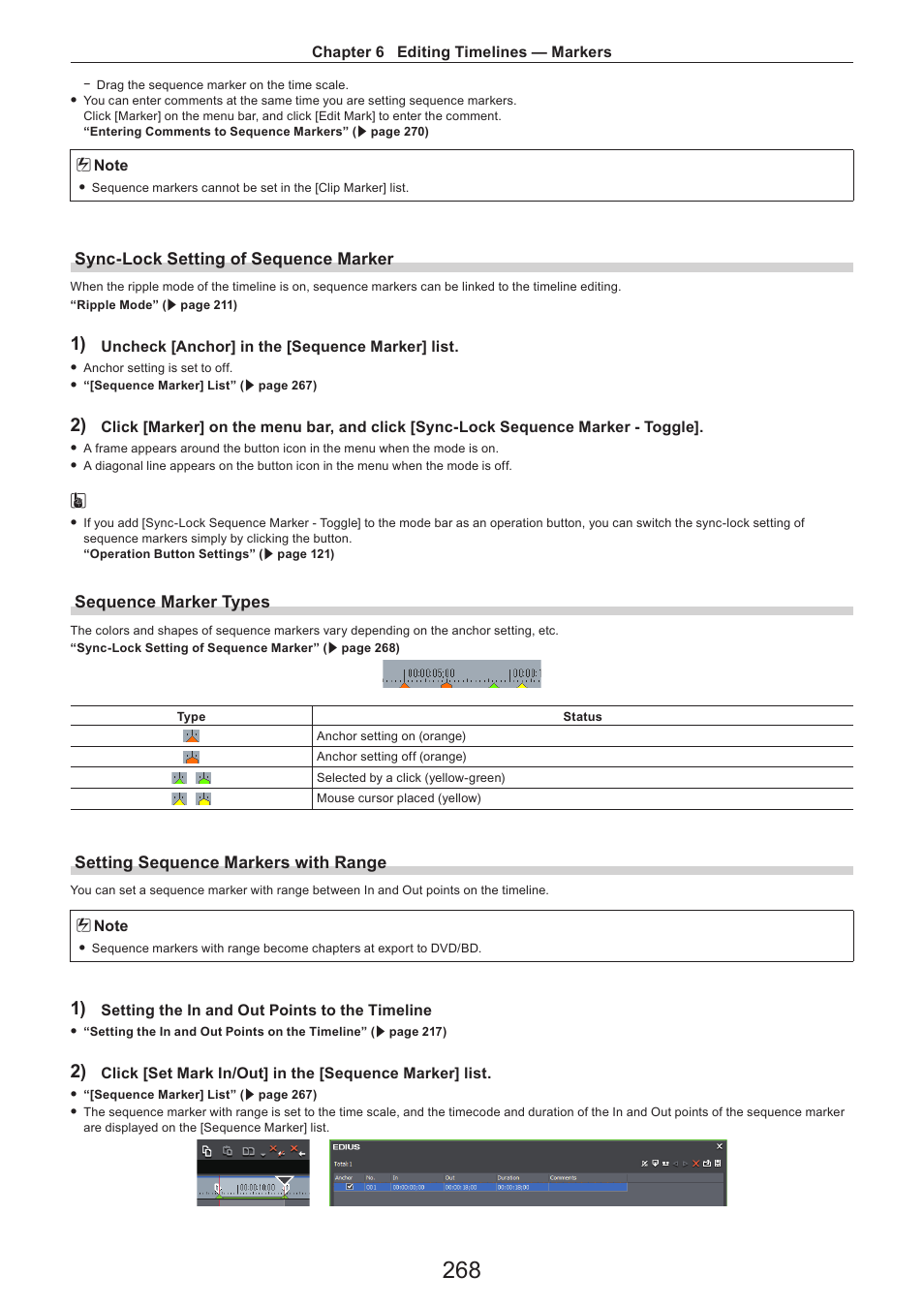 Sync-lock setting of sequence marker, Sequence marker types, Setting sequence markers with range | Grass Valley EDIUS Pro v.7.4 Reference Manual User Manual | Page 268 / 471
