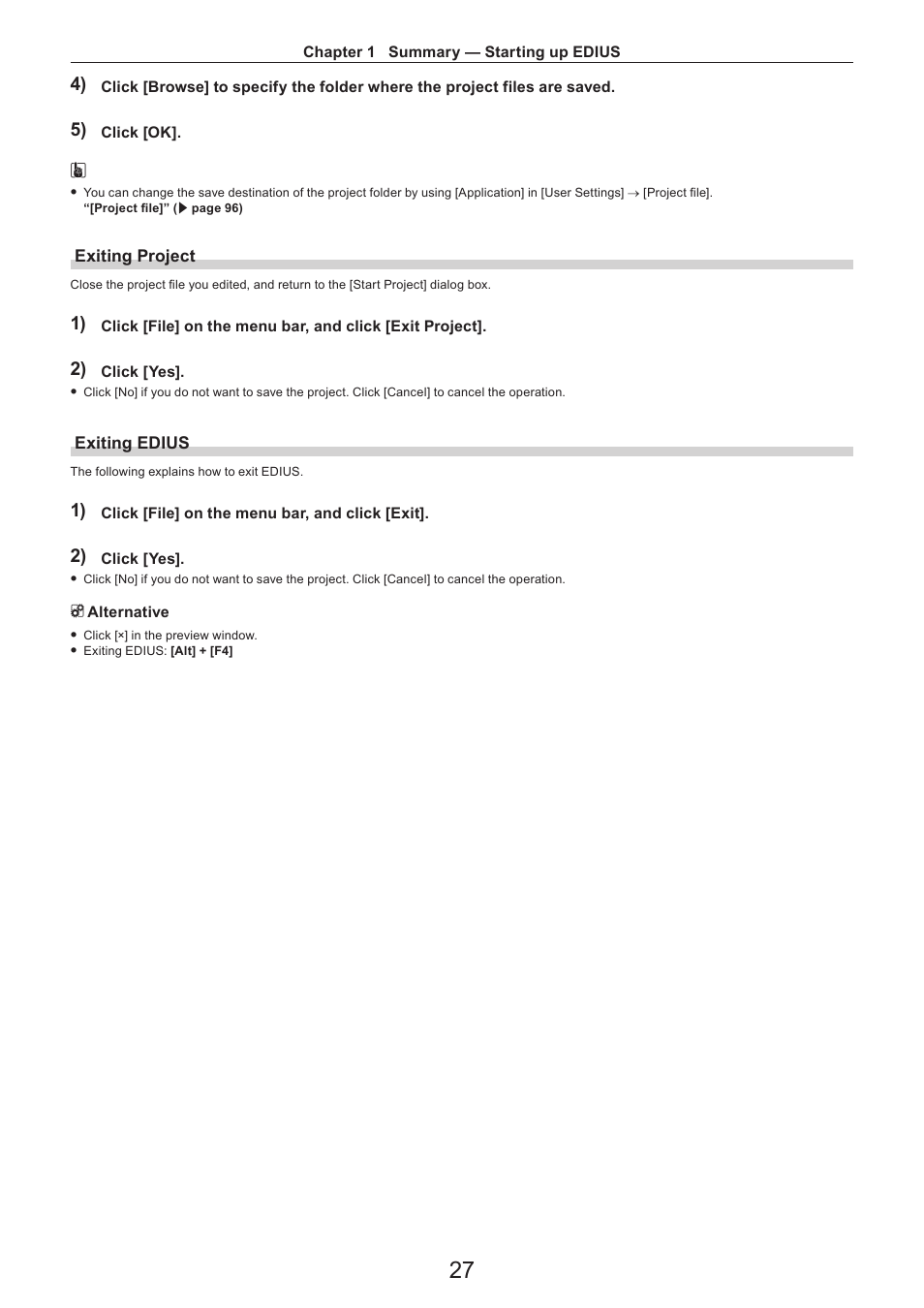 Exiting project, Exiting edius | Grass Valley EDIUS Pro v.7.4 Reference Manual User Manual | Page 27 / 471