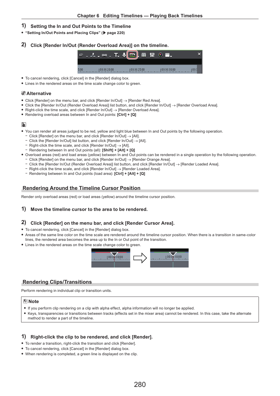 Rendering around the timeline cursor position, Rendering clips/transitions | Grass Valley EDIUS Pro v.7.4 Reference Manual User Manual | Page 280 / 471