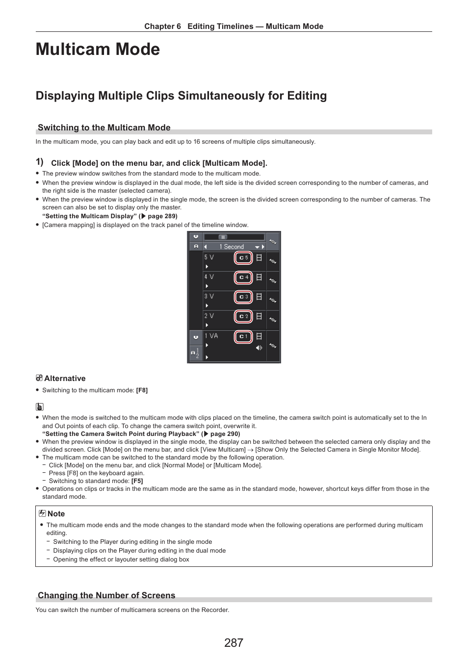 Multicam mode, Switching to the multicam mode, Changing the number of screens | Grass Valley EDIUS Pro v.7.4 Reference Manual User Manual | Page 287 / 471