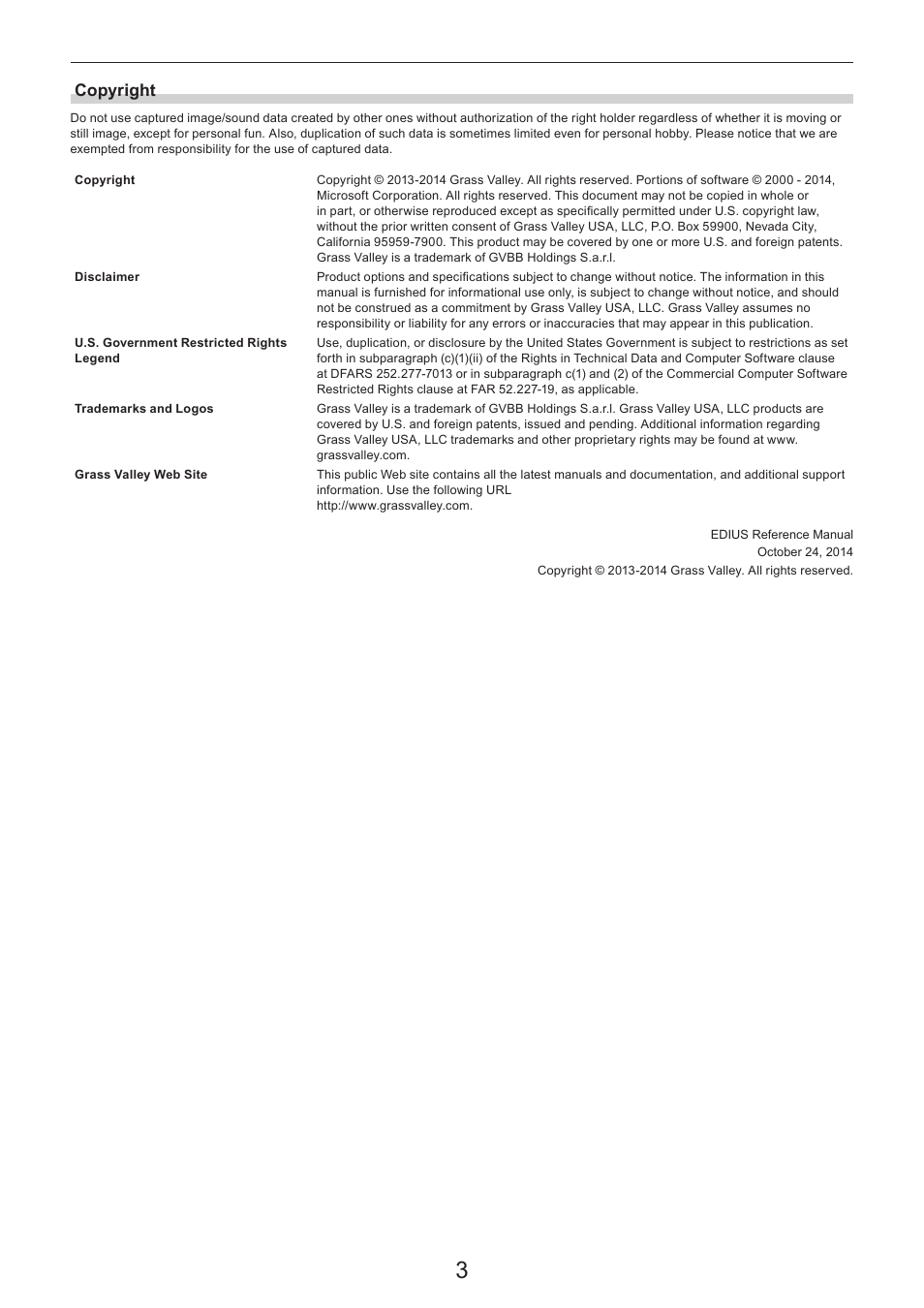 Copyright | Grass Valley EDIUS Pro v.7.4 Reference Manual User Manual | Page 3 / 471