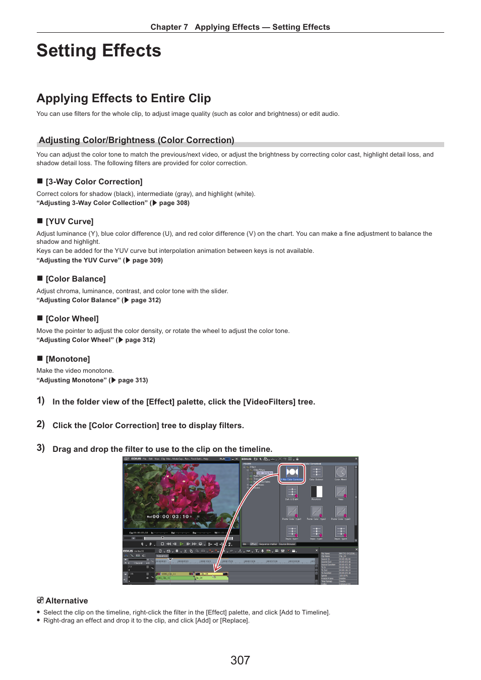 Setting effects, Applying effects to entire clip, Adjusting color/brightness (color correction) | Grass Valley EDIUS Pro v.7.4 Reference Manual User Manual | Page 307 / 471