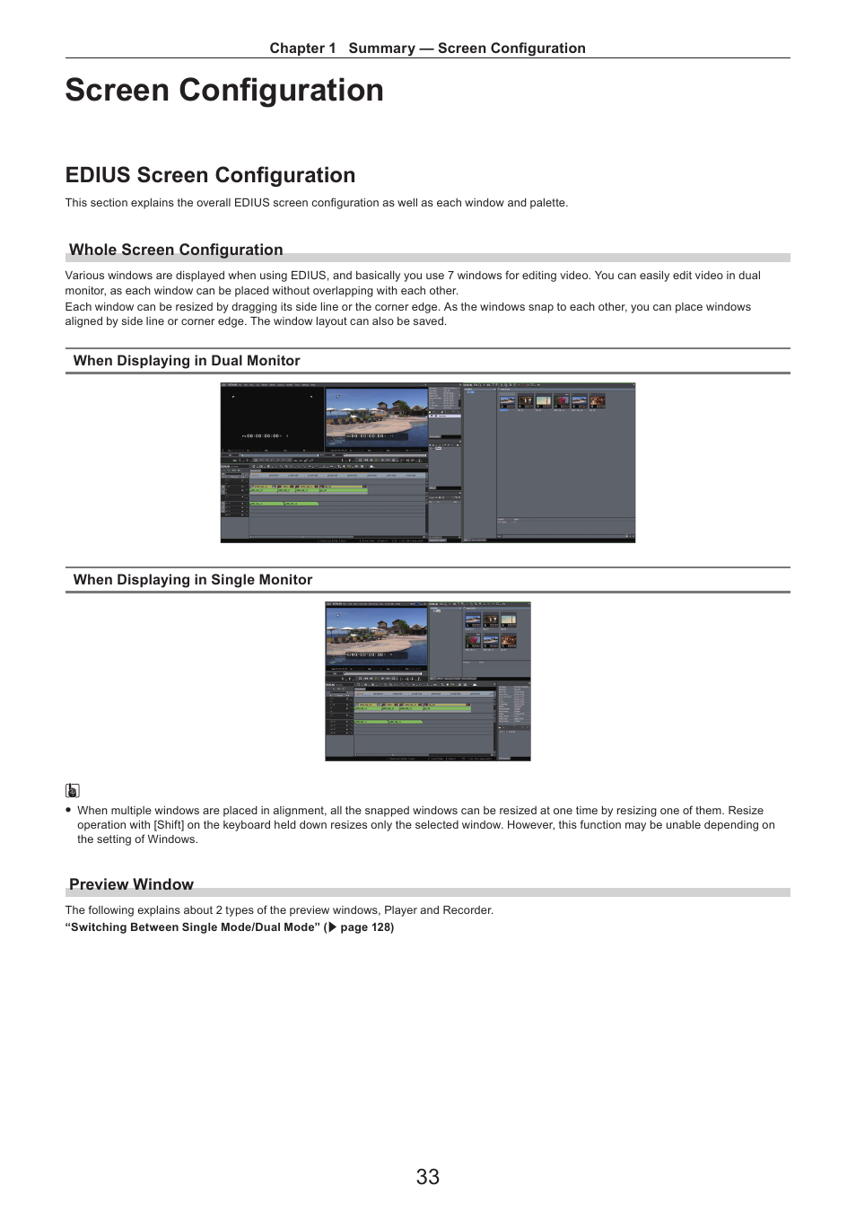Screen configuration, Edius screen configuration, Whole screen configuration | Preview window | Grass Valley EDIUS Pro v.7.4 Reference Manual User Manual | Page 33 / 471