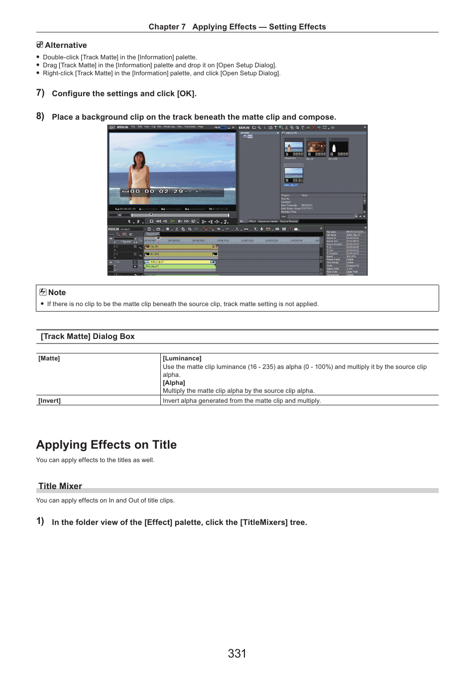 Applying effects on title, Title mixer | Grass Valley EDIUS Pro v.7.4 Reference Manual User Manual | Page 331 / 471