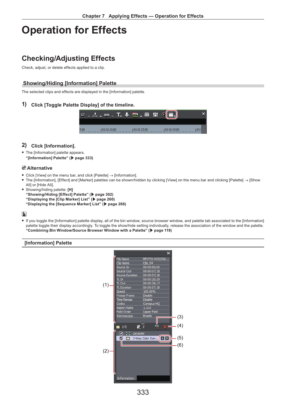 Operation for effects, Checking/adjusting effects, Showing/hiding [information] palette | Grass Valley EDIUS Pro v.7.4 Reference Manual User Manual | Page 333 / 471