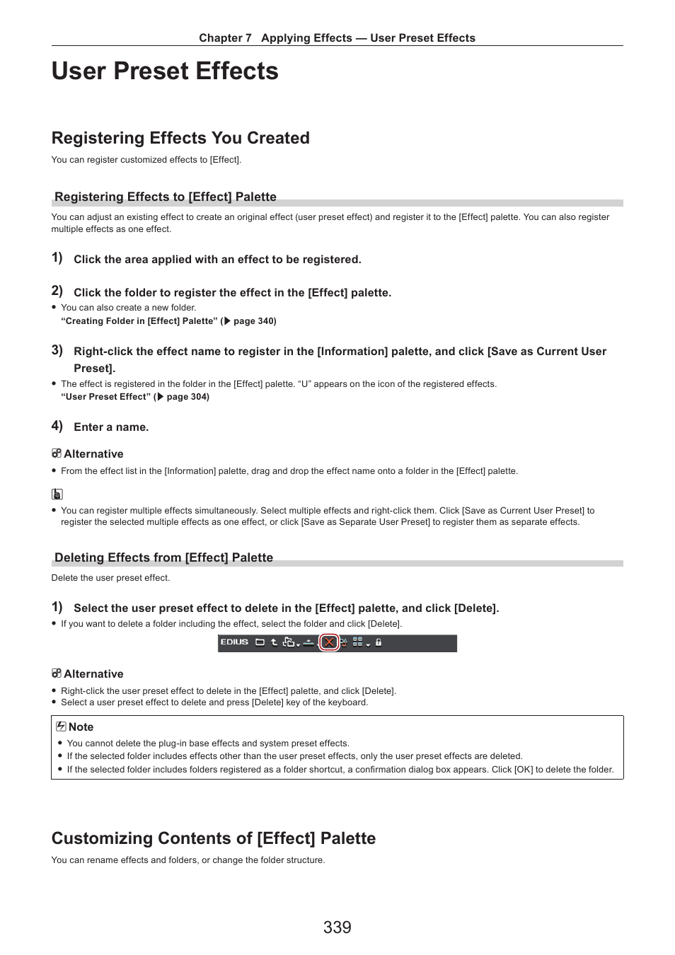 User preset effects, Registering effects you created, Registering effects to [effect] palette | Deleting effects from [effect] palette, Customizing contents of [effect] palette | Grass Valley EDIUS Pro v.7.4 Reference Manual User Manual | Page 339 / 471