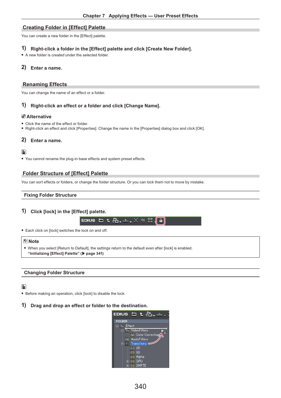 Creating folder in [effect] palette, Renaming effects, Folder structure of [effect] palette | Grass Valley EDIUS Pro v.7.4 Reference Manual User Manual | Page 340 / 471