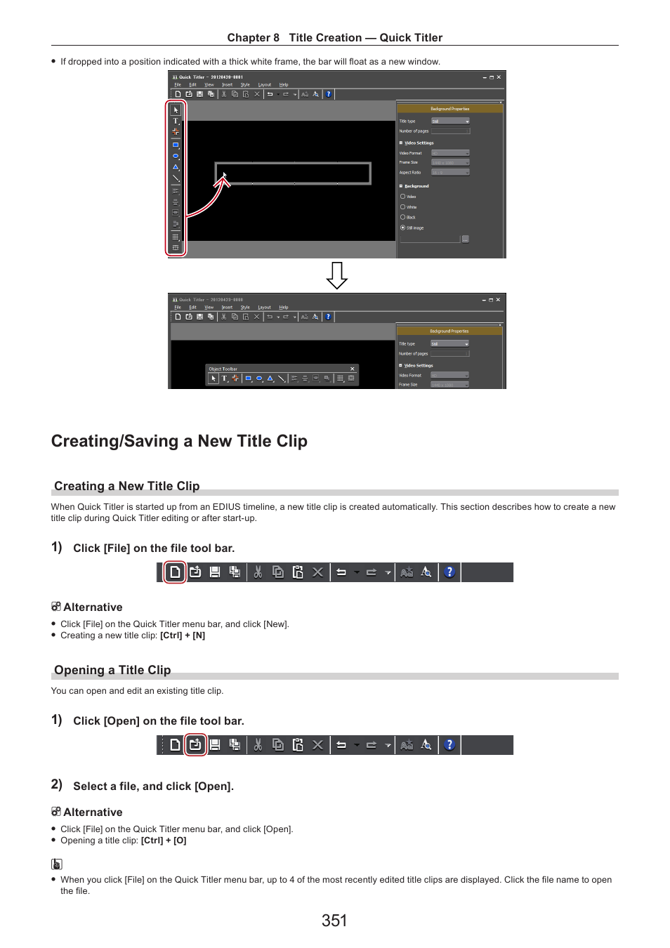 Creating/saving a new title clip, Creating a new title clip, Opening a title clip | Grass Valley EDIUS Pro v.7.4 Reference Manual User Manual | Page 351 / 471