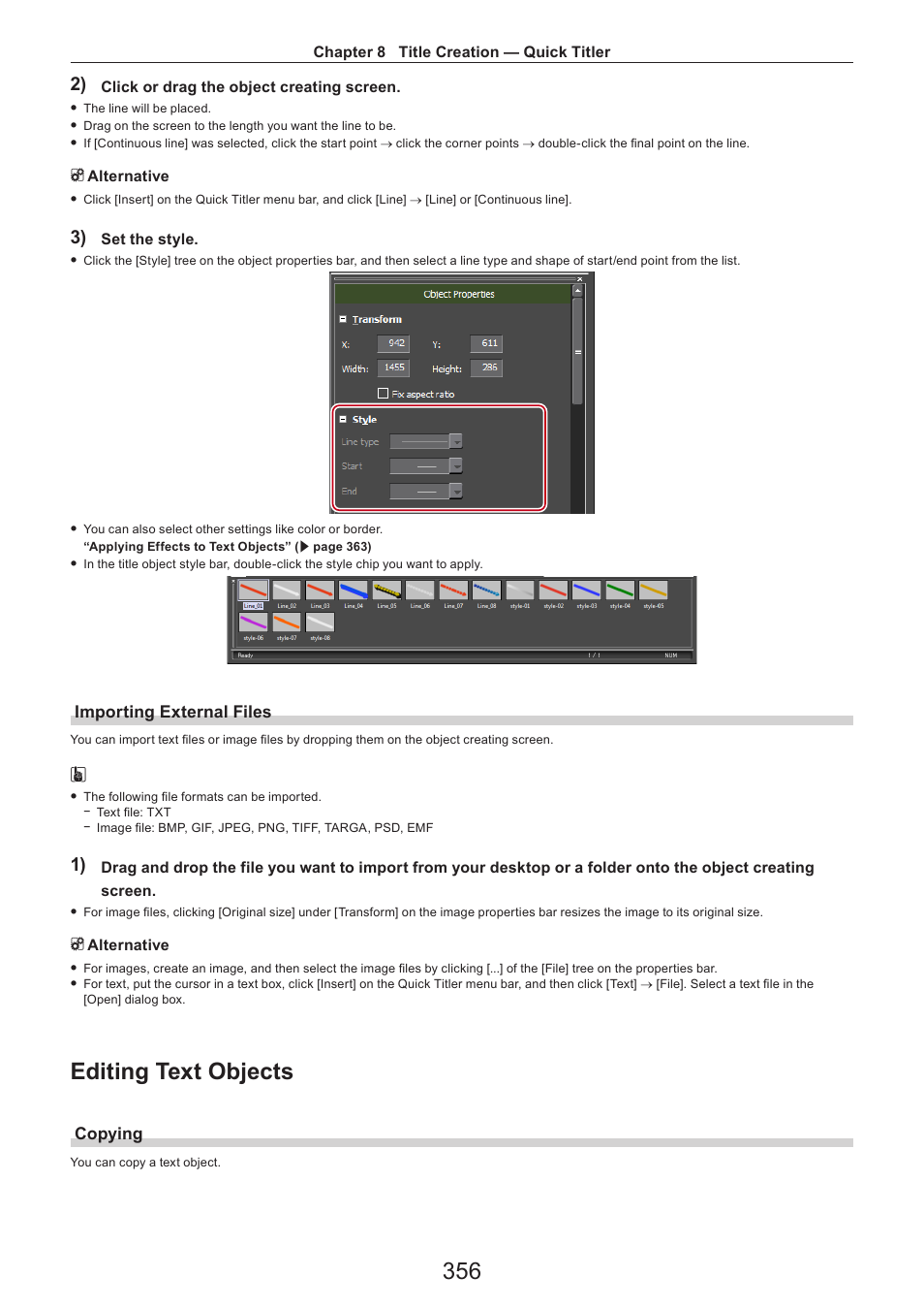 Importing external files, Editing text objects, Copying | Grass Valley EDIUS Pro v.7.4 Reference Manual User Manual | Page 356 / 471