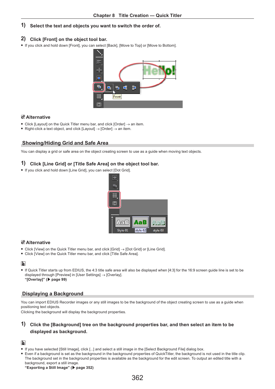 Showing/hiding grid and safe area, Displaying a background | Grass Valley EDIUS Pro v.7.4 Reference Manual User Manual | Page 362 / 471