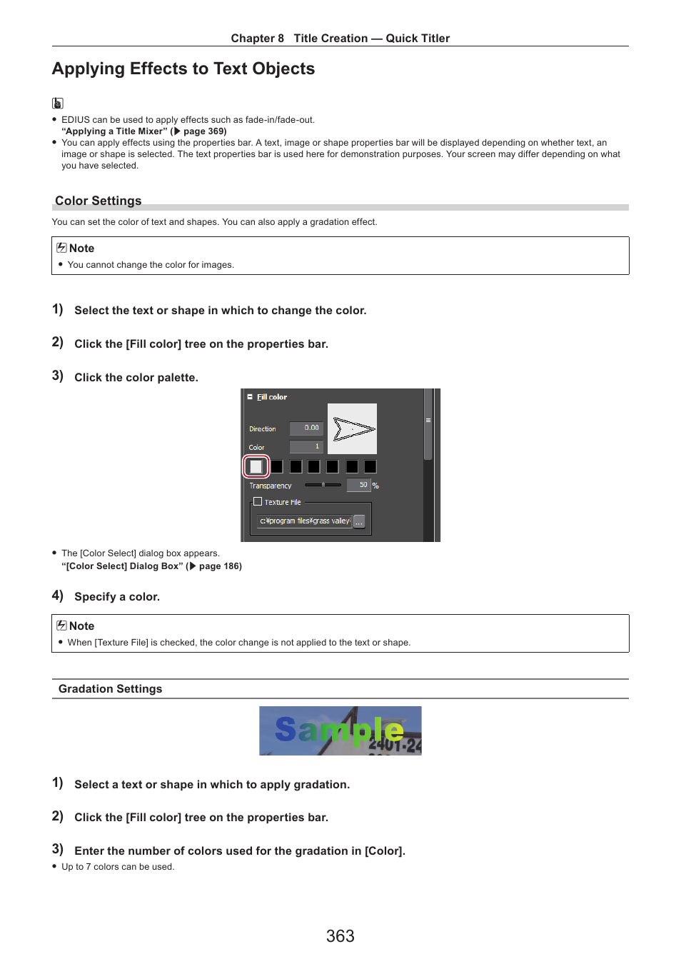 Applying effects to text objects, Color settings, 363 applying effects to text objects | Grass Valley EDIUS Pro v.7.4 Reference Manual User Manual | Page 363 / 471