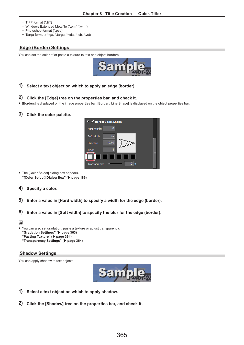Edge (border) settings, Shadow settings | Grass Valley EDIUS Pro v.7.4 Reference Manual User Manual | Page 365 / 471