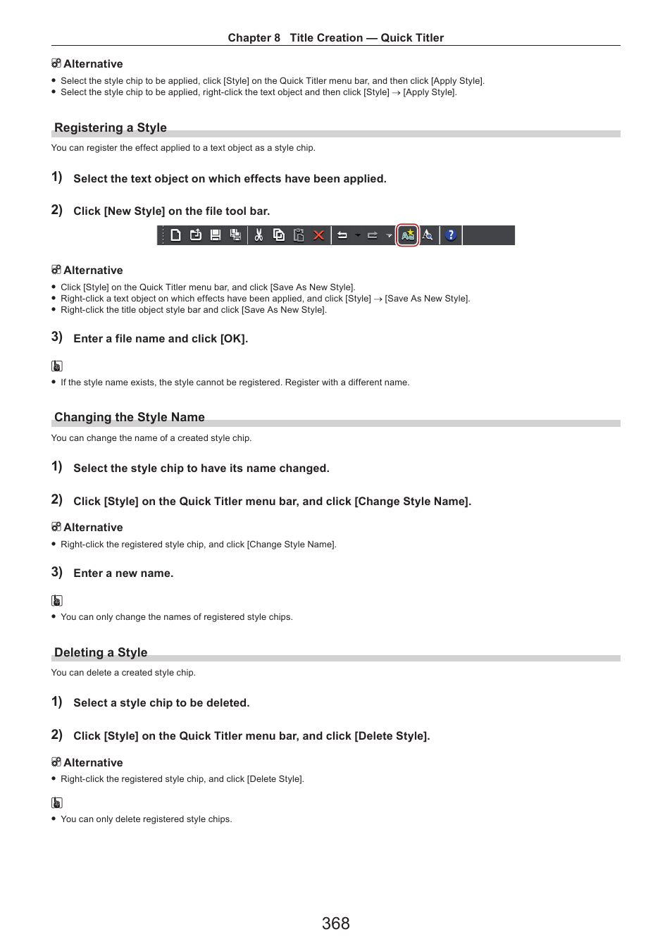 Registering a style, Changing the style name, Deleting a style | Grass Valley EDIUS Pro v.7.4 Reference Manual User Manual | Page 368 / 471