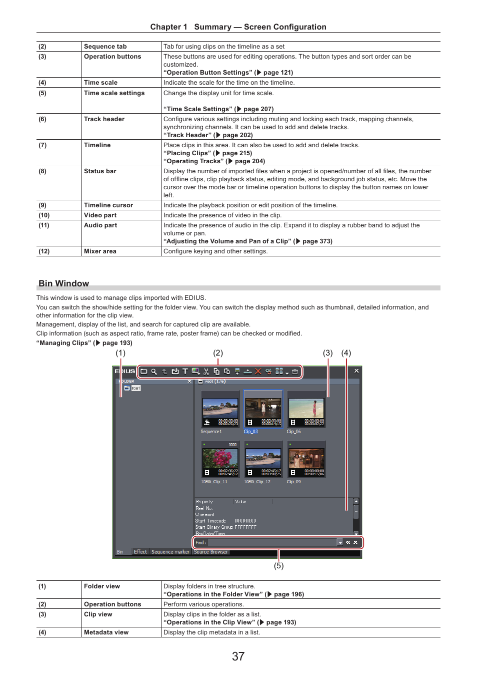 Bin window, Chapter 1 summary — screen configuration | Grass Valley EDIUS Pro v.7.4 Reference Manual User Manual | Page 37 / 471