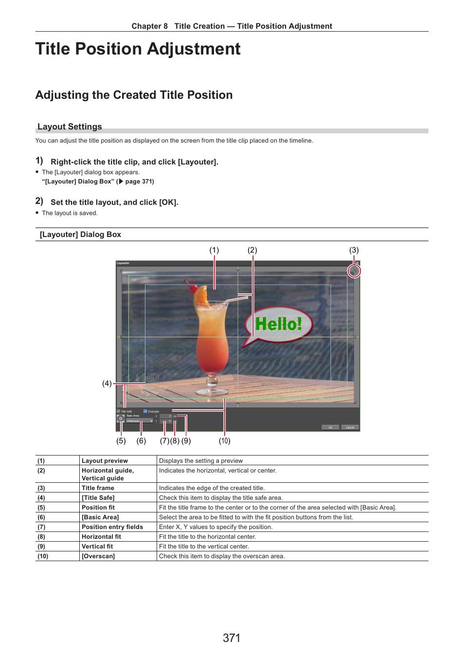Title position adjustment, Adjusting the created title position, Layout settings | Grass Valley EDIUS Pro v.7.4 Reference Manual User Manual | Page 371 / 471