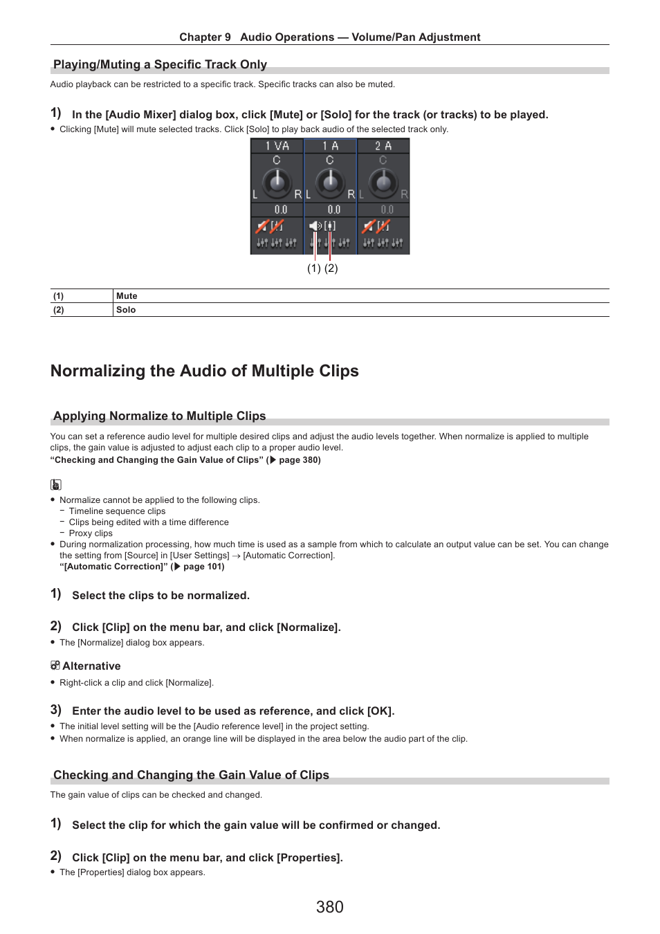 Playing/muting a specific track only, Normalizing the audio of multiple clips, Applying normalize to multiple clips | Checking and changing the gain value of clips | Grass Valley EDIUS Pro v.7.4 Reference Manual User Manual | Page 380 / 471