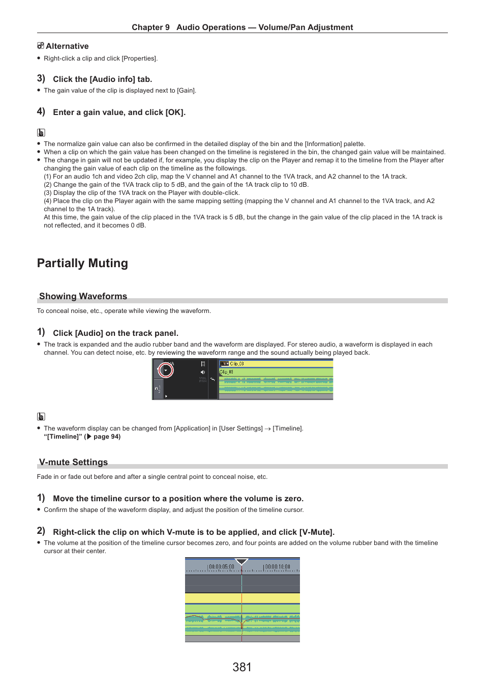Partially muting, Showing waveforms, V-mute settings | Grass Valley EDIUS Pro v.7.4 Reference Manual User Manual | Page 381 / 471