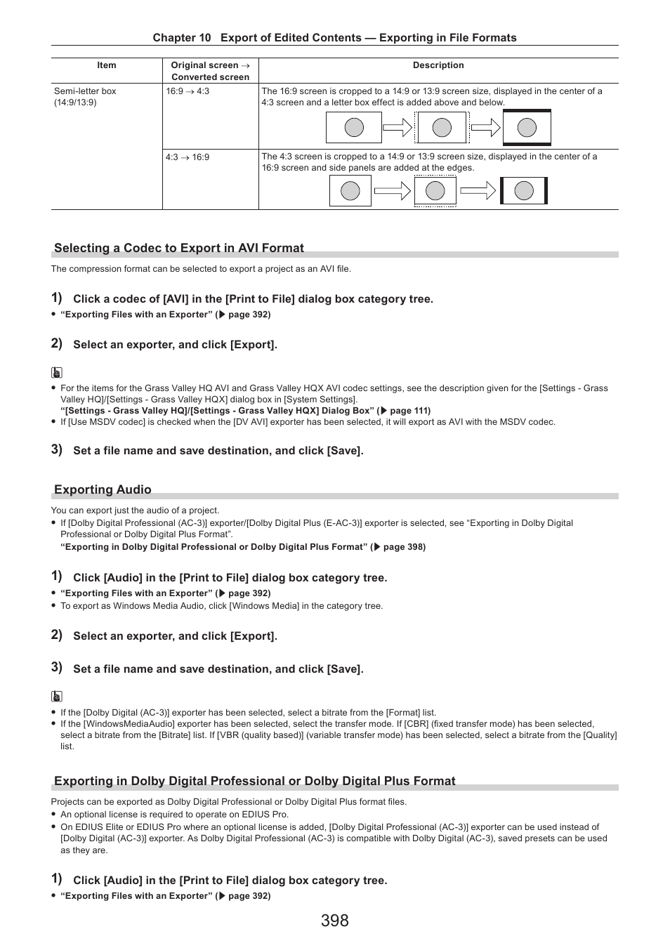 Selecting a codec to export in avi format, Exporting audio | Grass Valley EDIUS Pro v.7.4 Reference Manual User Manual | Page 398 / 471