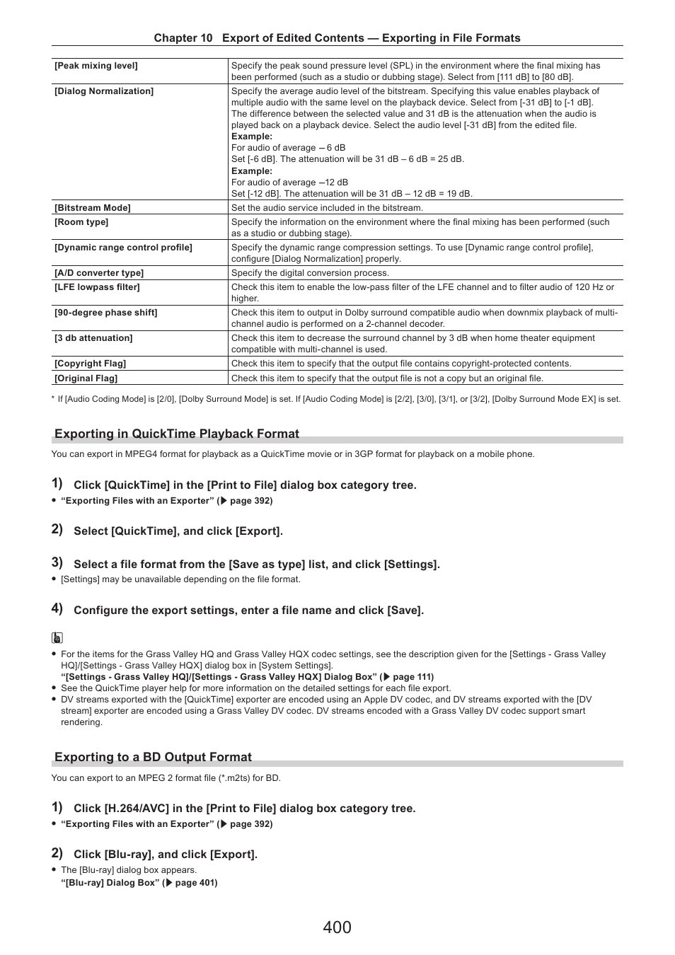 Exporting in quicktime playback format, Exporting to a bd output format | Grass Valley EDIUS Pro v.7.4 Reference Manual User Manual | Page 400 / 471