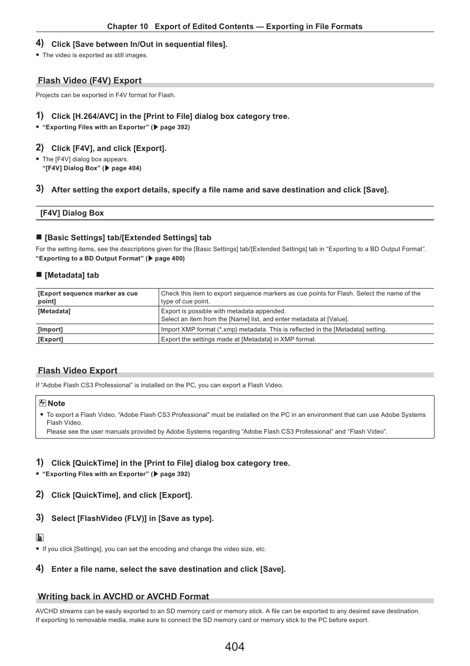 Flash video (f4v) export, Flash video export, Writing back in avchd or avchd format | Grass Valley EDIUS Pro v.7.4 Reference Manual User Manual | Page 404 / 471
