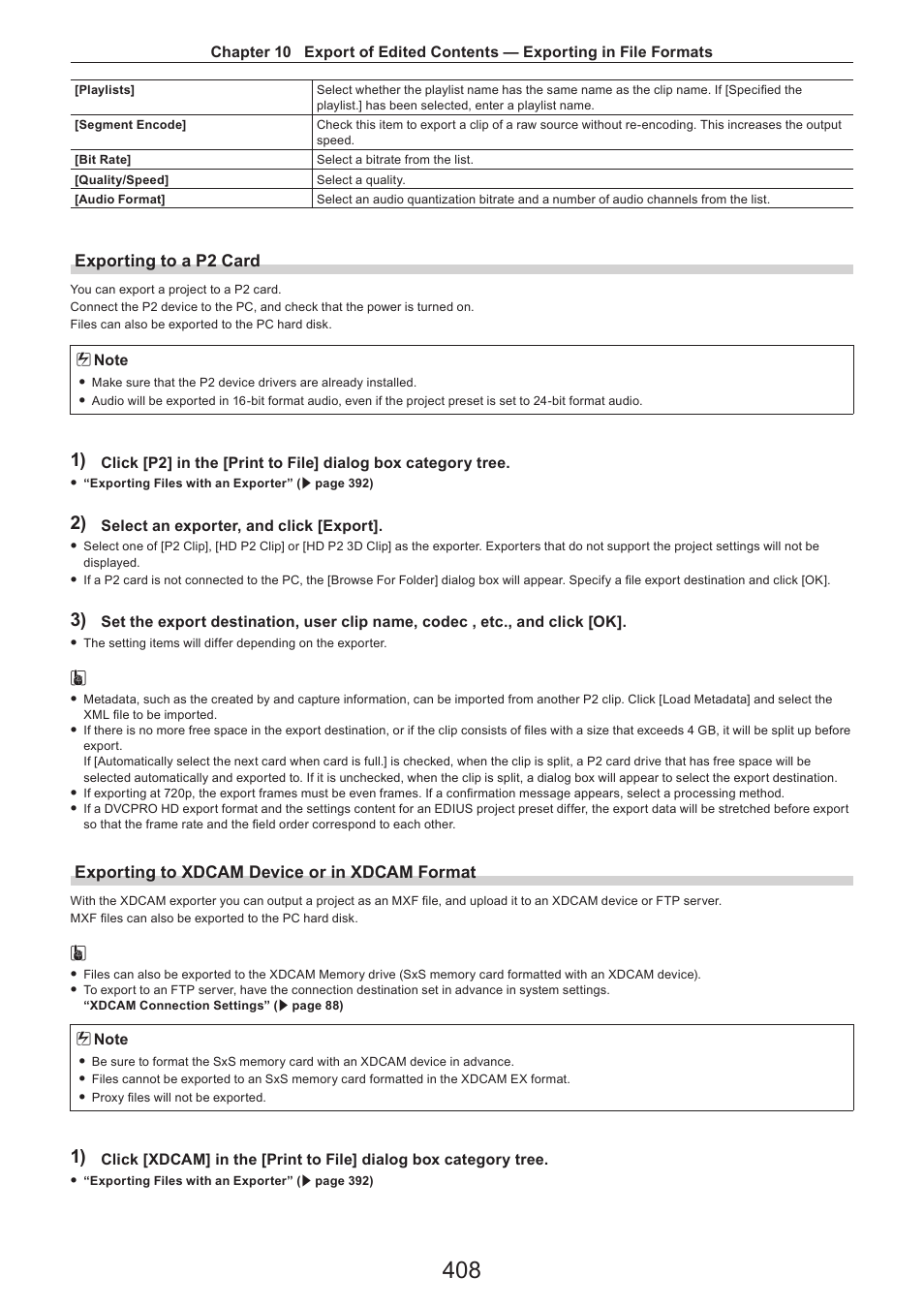 Exporting to a p2 card, Exporting to xdcam device or in xdcam format | Grass Valley EDIUS Pro v.7.4 Reference Manual User Manual | Page 408 / 471