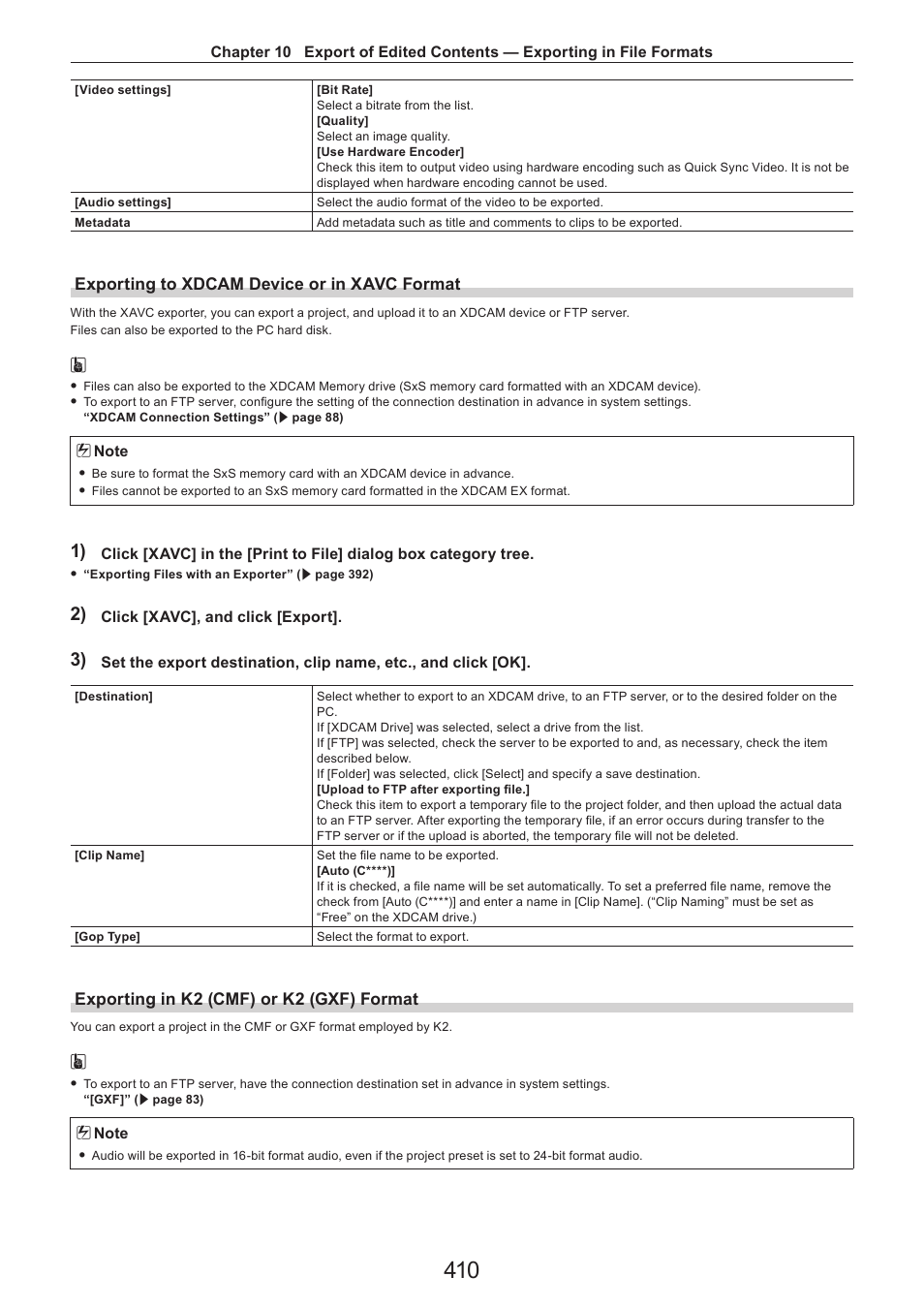 Exporting to xdcam device or in xavc format, Exporting in k2 (cmf) or k2 (gxf) format | Grass Valley EDIUS Pro v.7.4 Reference Manual User Manual | Page 410 / 471