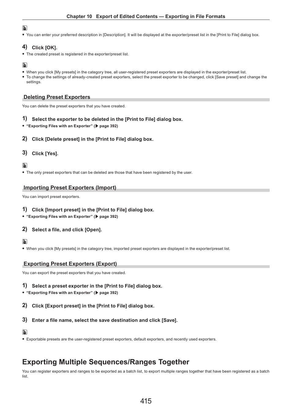 Deleting preset exporters, Importing preset exporters (import), Exporting preset exporters (export) | Exporting multiple sequences/ranges together | Grass Valley EDIUS Pro v.7.4 Reference Manual User Manual | Page 415 / 471