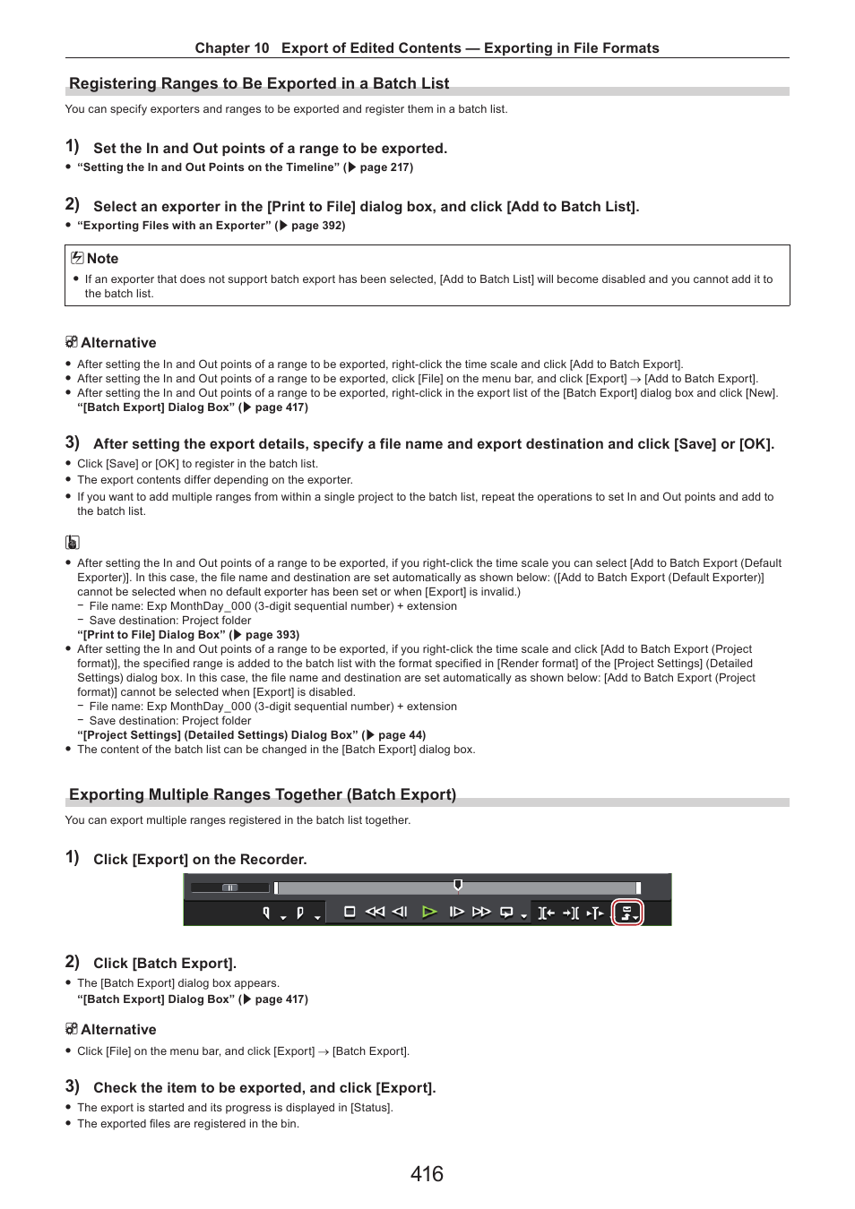 Registering ranges to be exported in a batch list, Exporting multiple ranges together (batch export) | Grass Valley EDIUS Pro v.7.4 Reference Manual User Manual | Page 416 / 471