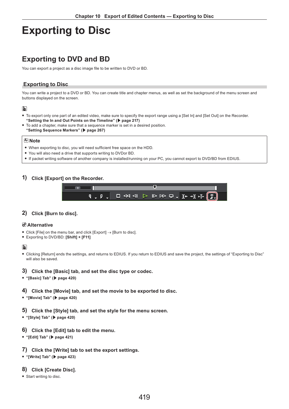 Exporting to disc, Exporting to dvd and bd | Grass Valley EDIUS Pro v.7.4 Reference Manual User Manual | Page 419 / 471
