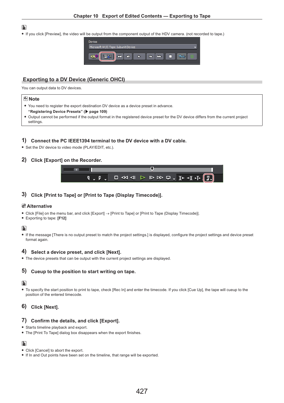 Exporting to a dv device (generic ohci) | Grass Valley EDIUS Pro v.7.4 Reference Manual User Manual | Page 427 / 471