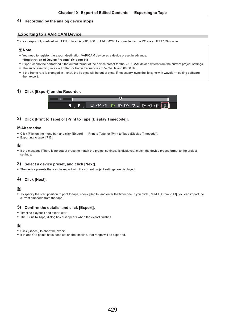 Exporting to a varicam device | Grass Valley EDIUS Pro v.7.4 Reference Manual User Manual | Page 429 / 471