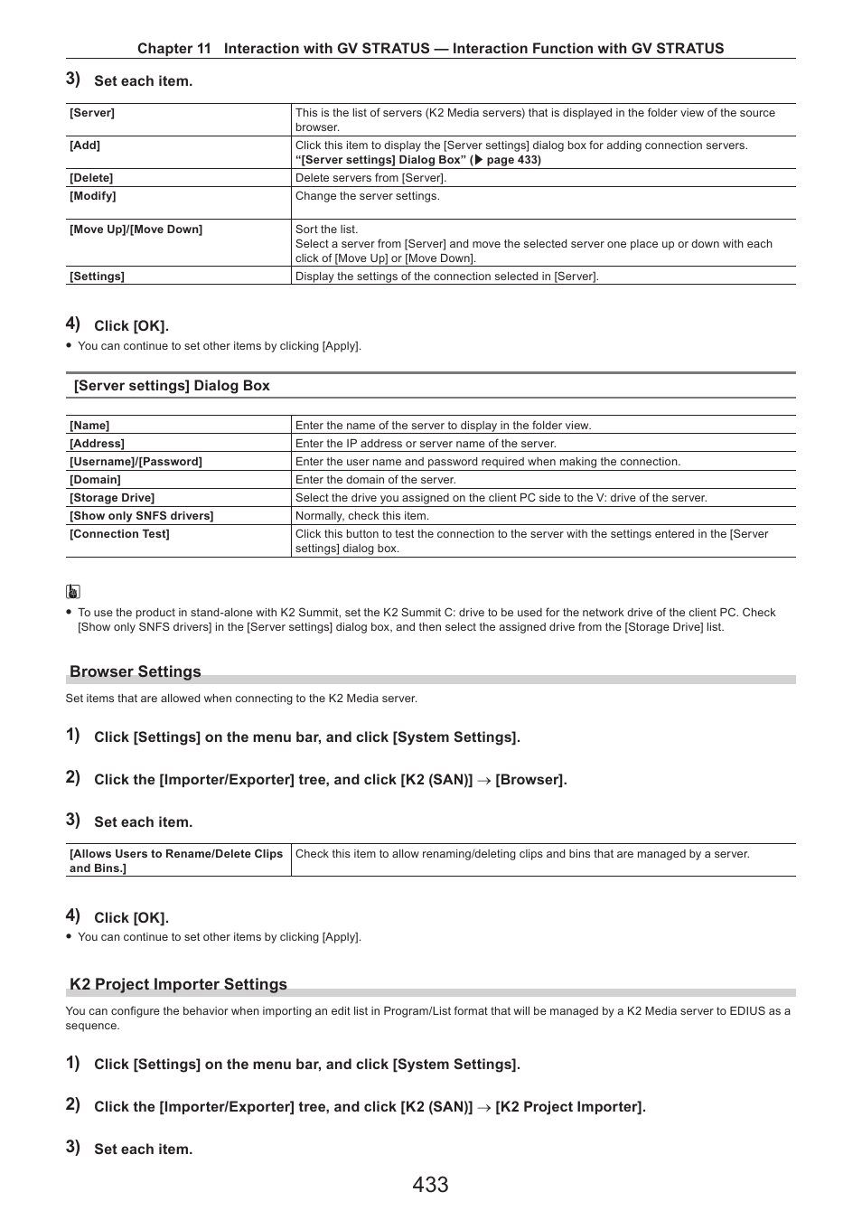 Browser settings, K2 project importer settings | Grass Valley EDIUS Pro v.7.4 Reference Manual User Manual | Page 433 / 471